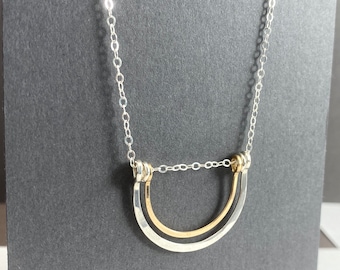 Mixed metal half circle necklace, sterling silver and gold filled minimalist jewelry