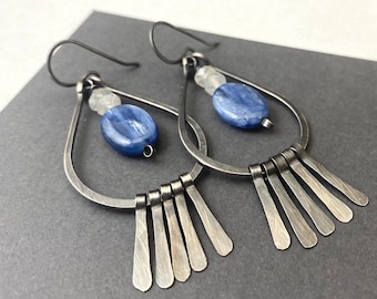 Large rustic sterling silver fringe dangle earrings with blue kyanite