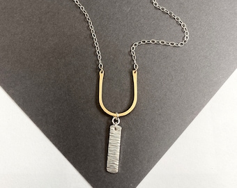 Long silver and gold minimalist pendant necklace, geometric jewelry