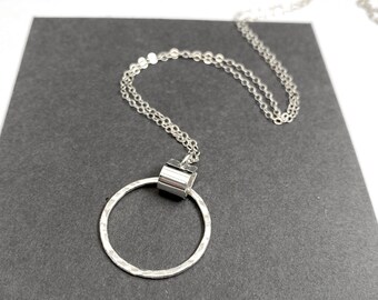 Long silver hammered circle pendant necklace, artisan jewelry