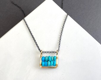 Small Square Beaded Turquoise Pendant, Mixed Metal Oxidized Silver and Gold Jewelry