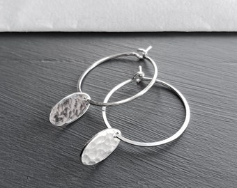 Small Silver Hoop Earrings with Charm, Sterling Silver Disc Minimalist Earrings