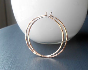 Thin Hammered Rose Gold Hoop Earrings, Medium Gold Filled Wire Hoop, Choose Size