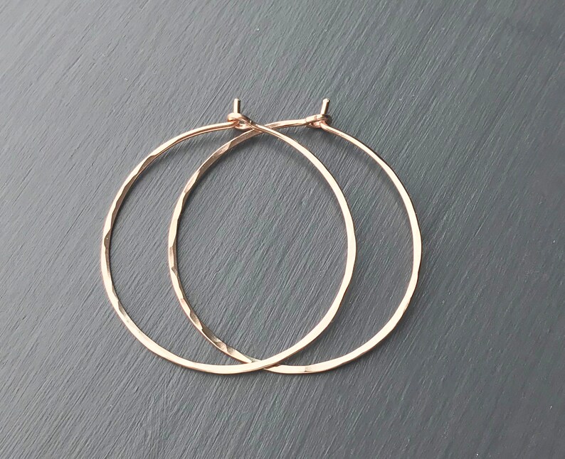 Thin Hammered Rose Gold Hoop Earrings Medium Gold Filled Etsy