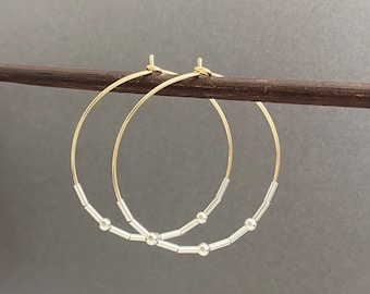 Silver and gold boho hoop earrings, Mixed metal two tone hoops