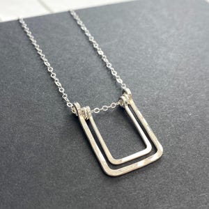 Long Silver Necklace, Hammered Square Pendant, Geometric Jewelry
