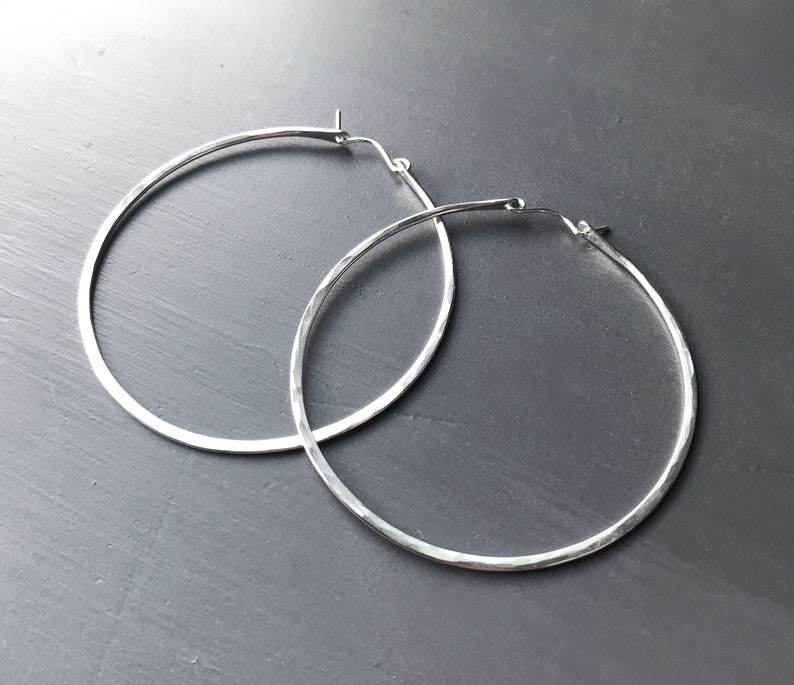 Large Silver Hoop Earrings, Thick Hammered Sterling Silver Hoops, 2 to 2.5 Inch image 3