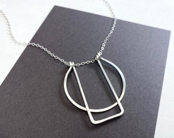Long silver geometric necklace, sterling silver circle rectangle pendant