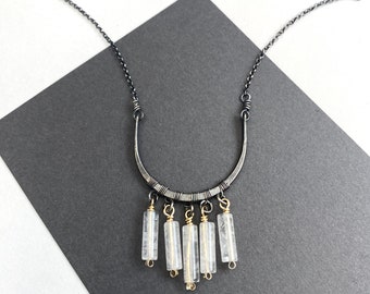 Long oxidized silver crystal quartz pendant necklace, mixed metal artisan jewelry