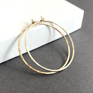 Medium Gold Hoop Earrings, Thin Hammered Gold Filled Hoops