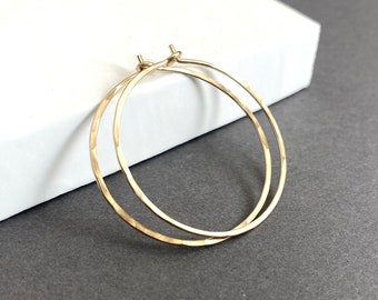 Medium Gold Hoop Earrings, Thin Hammered Gold Filled Hoops