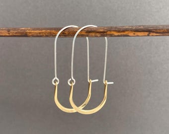 Silver and gold long oval hoops, minimalist mixed metal artisan earrings