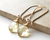 Lemon Quartz Earrings, Long Gold Drop Briolette Earrings