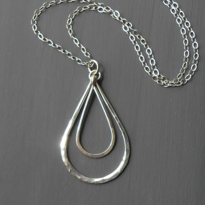 Long Silver Necklace, Handmade Sterling Silver Teardrop Pendant Necklace