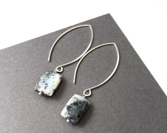 Dendritic opal long silver dangle earrings, Simple stone boho drops