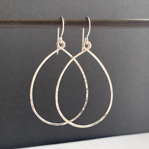 Thin Large Sterling Silver Hoop Earrings, Teardrop Dangle Hoops, Made to order