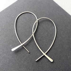 Simple silver open hoop earrings, sterling silver wire loop threader