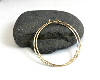 Medium Gold Hoop Earrings, Thin Hammered Gold Filled Hoops