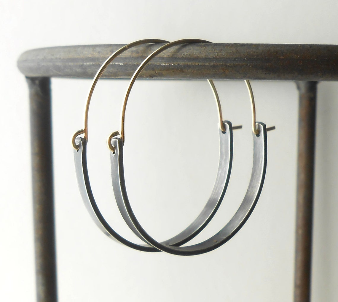 Oxidized Silver Hoop Earrings Mixed Metal Minimalist Jewelry Etsy