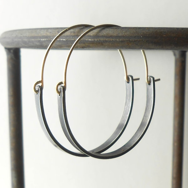 Oxidized Silver Hoop Earrings, Mixed Metal Minimalist Jewelry