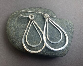 Sterling silver double teardrop dangle earrings, silver boho earrings