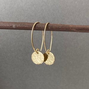 Gold Disc Dangle Earrings, Small Hammered Gold Filled Circle Drop Earrings