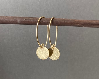 Gold Disc Dangle Earrings, Small Hammered Gold Filled Circle Drop Earrings