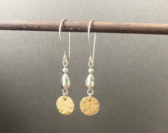 Silver and gold dangle earrings, dainty mixed metal two tone jewelry