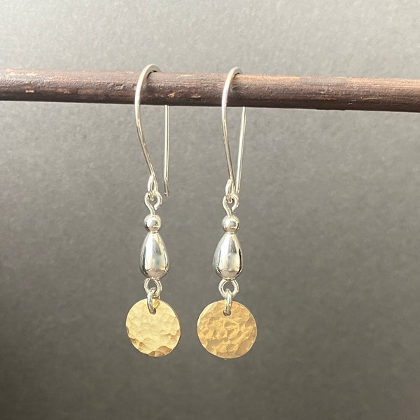 Silver and gold dangle earrings, dainty mixed metal two tone jewelry