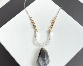 Long silver and gold stone pendant necklace with dendritic opal, mixed metal artisan jewelry