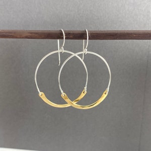 Mixed metal dangle hoop earrings, gold brass and sterling silver jewelry