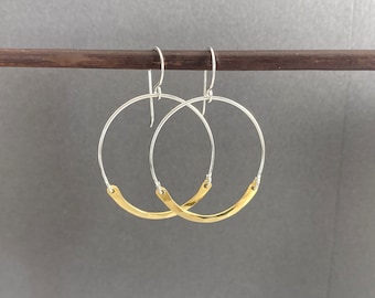 Gold brass and silver dangle hoop earrings, mixed metal jewelry
