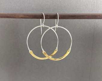 Mixed metal dangle hoop earrings, gold brass and sterling silver jewelry