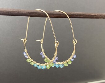 Gemstone hoop earrings, wire wrapped gold filled hoops with beads