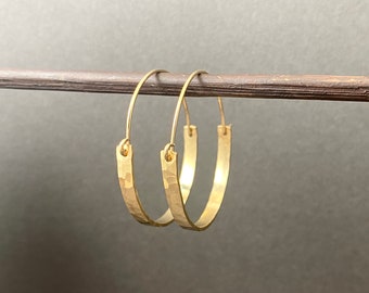 Medium gold hoop earrings, hammered gold filled hoops, handmade jewelry
