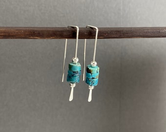 Sterling silver turquoise drop earrings, wire threader minimalist jewelry