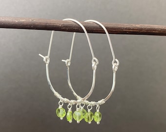 Sterling silver gemstone hoop earrings, Peridot silver oval hoops