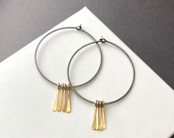 Large oxidized silver and gold fringe hoop earrings, mixed metal jewelry