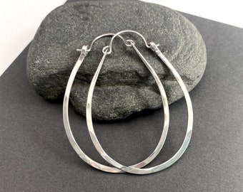 Oval Sterling Silver Hoop Earrings, Large Silver Hammered Hoops, Artisan jewelry