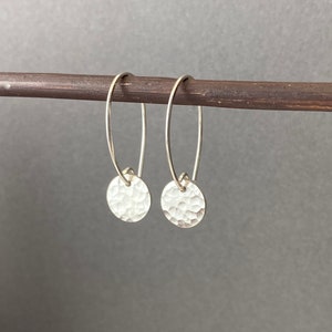 Minimalist silver circle drop earrings, Small hammered disc dangle