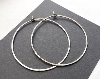 May include: A pair of silver hoop earrings with a hammered texture.