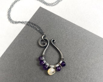 Oxidized sterling silver wire wrapped spiral pendant, amethyst opal artisan necklace