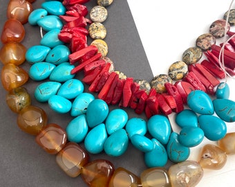 Four strands mixed gemstone beads bulk destash lot, turquoise, coral, agate