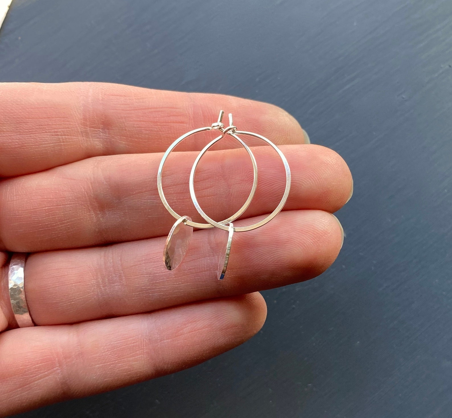 Small Silver Hoop Earrings With Charm Sterling Silver Disc Etsy