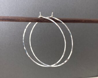 Large hammered sterling silver hoop earrings, 2 inch