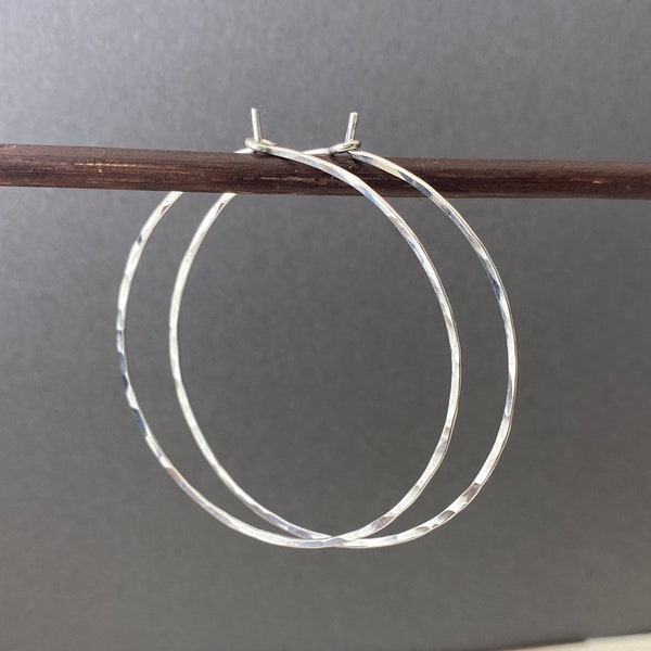 Large hammered sterling silver hoop earrings, 2 inch