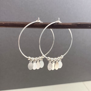 Sterling silver fringe hoop earrings with oval dangle charms, boho hoops