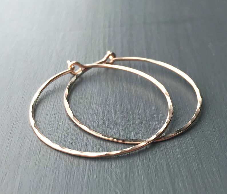 Thin Hammered Rose Gold Hoop Earrings Medium Gold Filled Etsy