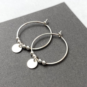 Small Sterling Silver Hoop Earrings With Disc Charm, Made To Order