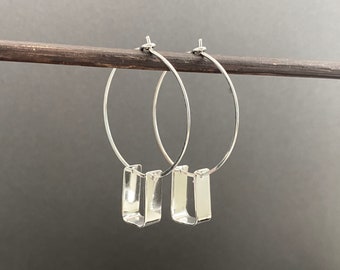 Sterling silver hoop earrings, unique modern geometric hoops with rectangle charm dangle